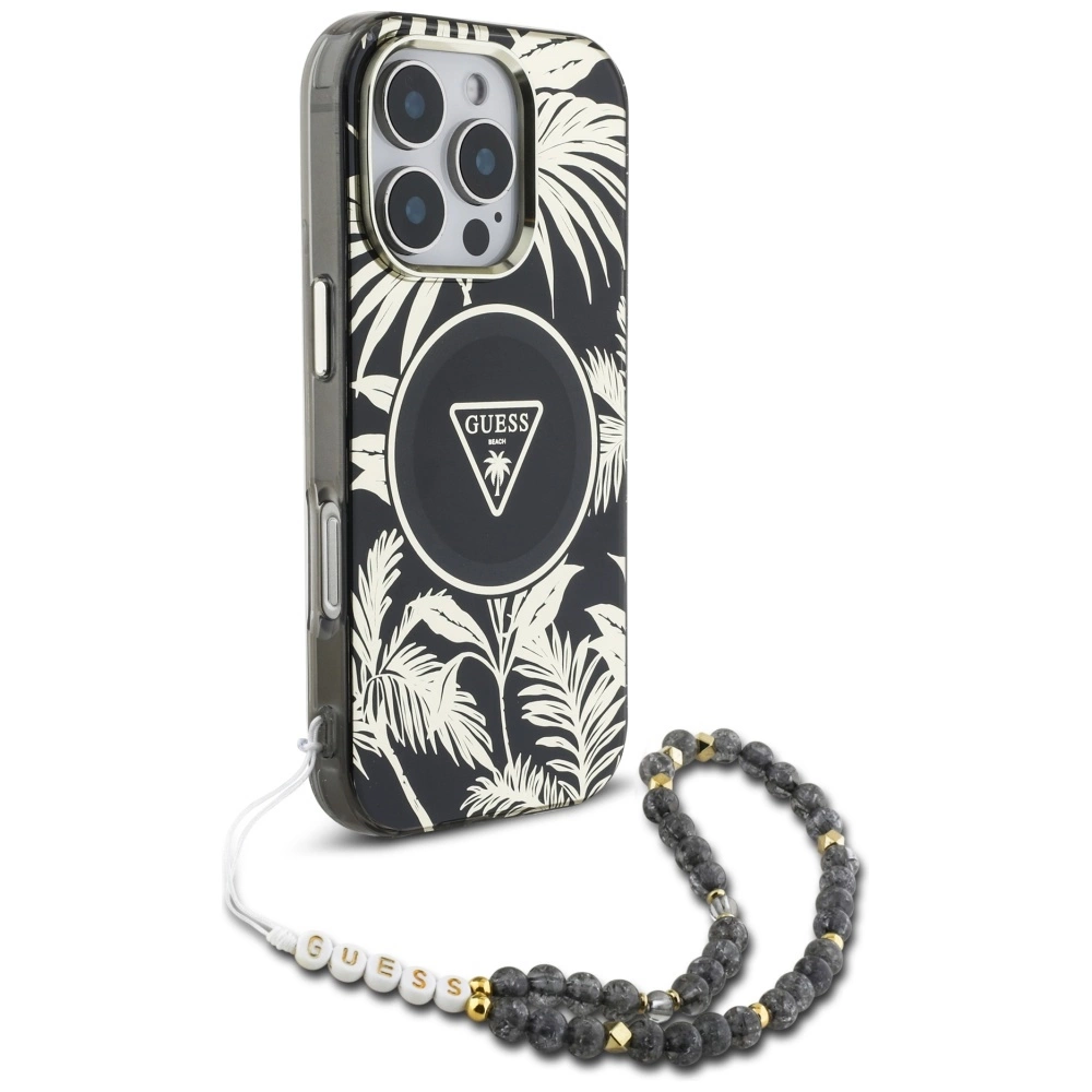 Guess Palm Trees Triangle Pearl Strap MagSafe - dėklas skirtas Apple iPhone 16 Pro juodas