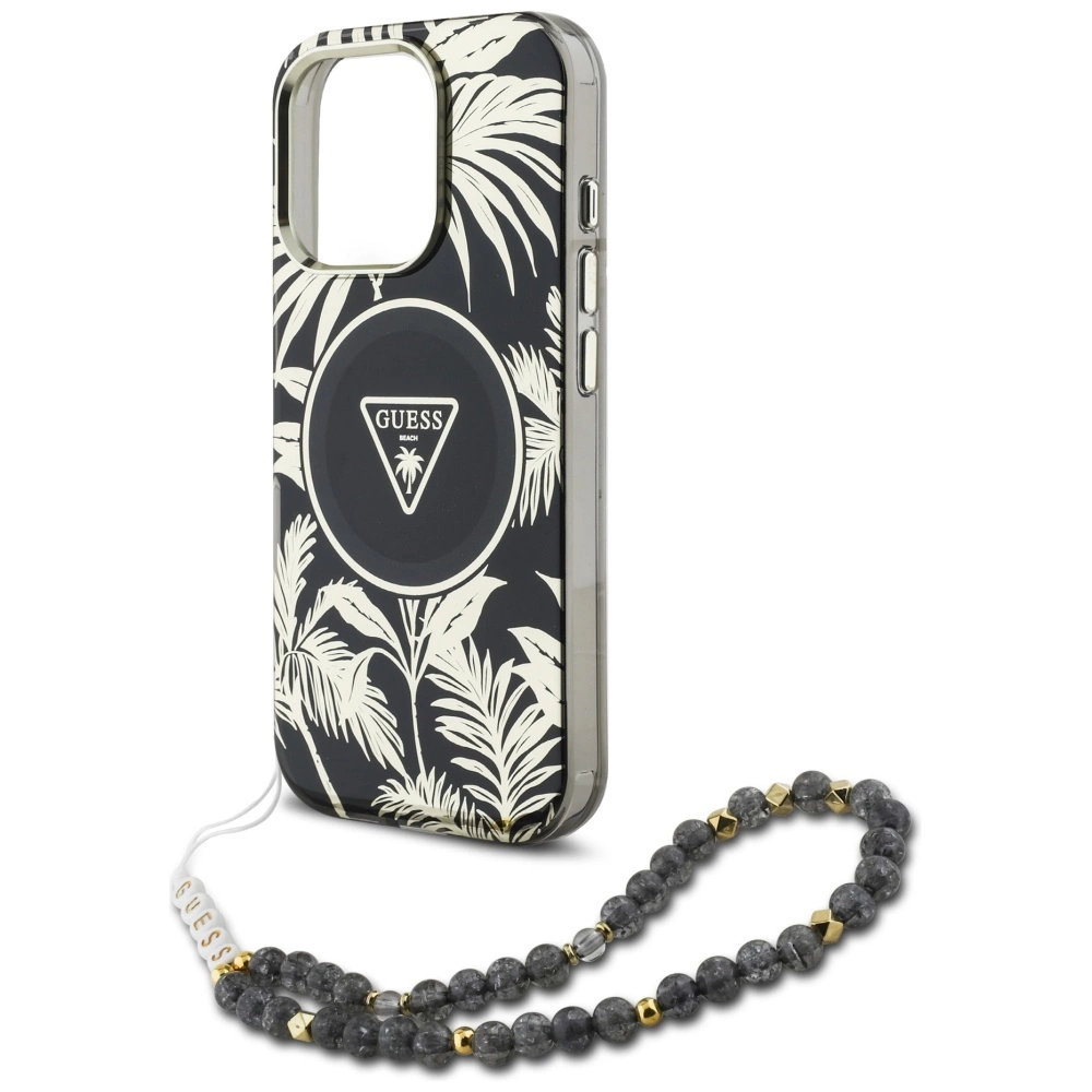 Guess Palm Trees Triangle Pearl Strap MagSafe - dėklas skirtas Apple iPhone 16 Pro juodas