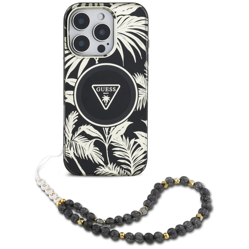 Guess Palm Trees Triangle Pearl Strap MagSafe - dėklas skirtas Apple iPhone 16 Pro juodas