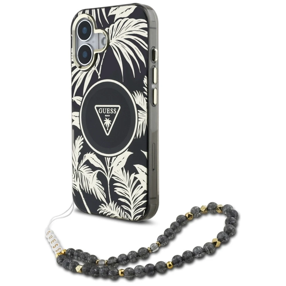 Guess Palm Trees Triangle Pearl Strap MagSafe Apple iPhone 16 dėklas telefonui juodos spalvos