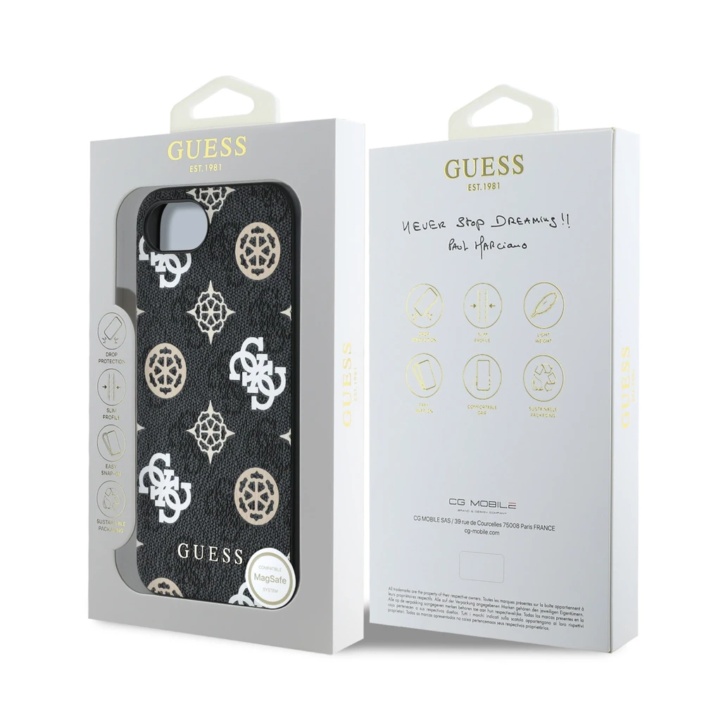 Guess PU 4G Peony MagSafe dėklas skirtas Apple iPhone 16e/17e juodos spalvos