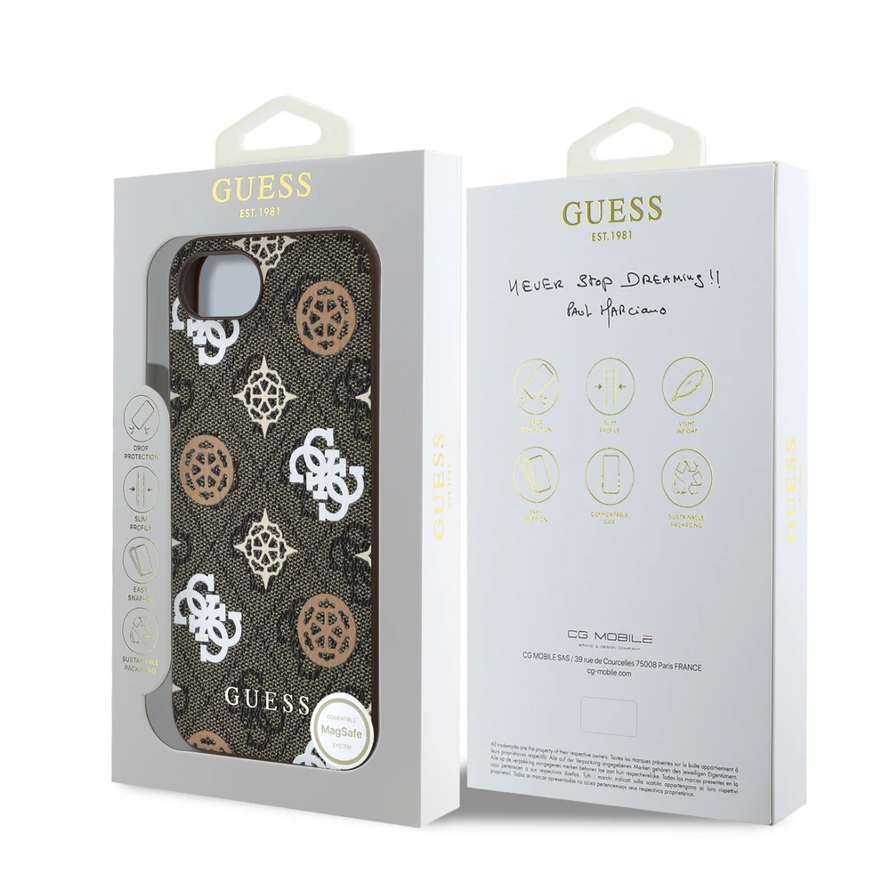 Guess PU 4G Peony MagSafe Apple iPhone 16e dėklas telefonui rudos spalvos