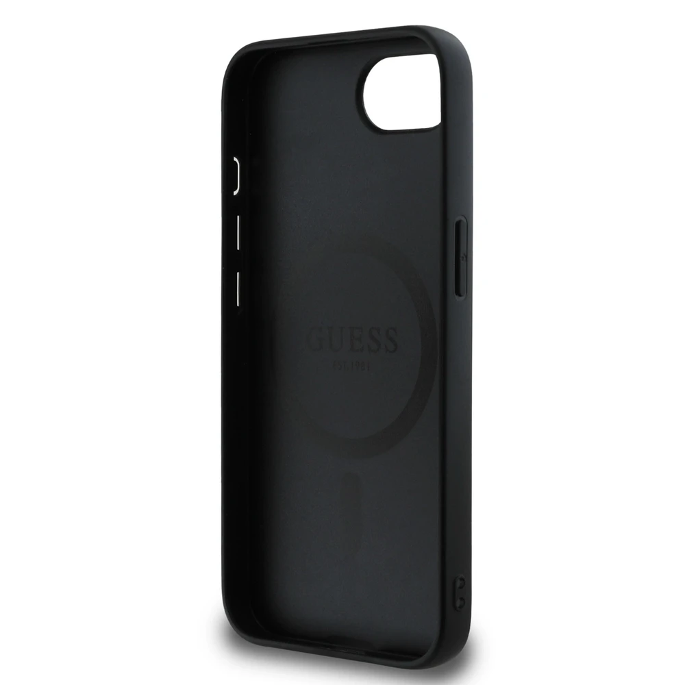 Guess PU 4G Peony MagSafe dėklas skirtas Apple iPhone 16e/17e juodos spalvos