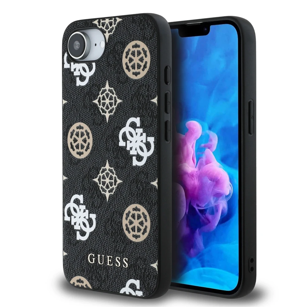 Guess PU 4G Peony MagSafe dėklas skirtas Apple iPhone 16e/17e juodos spalvos