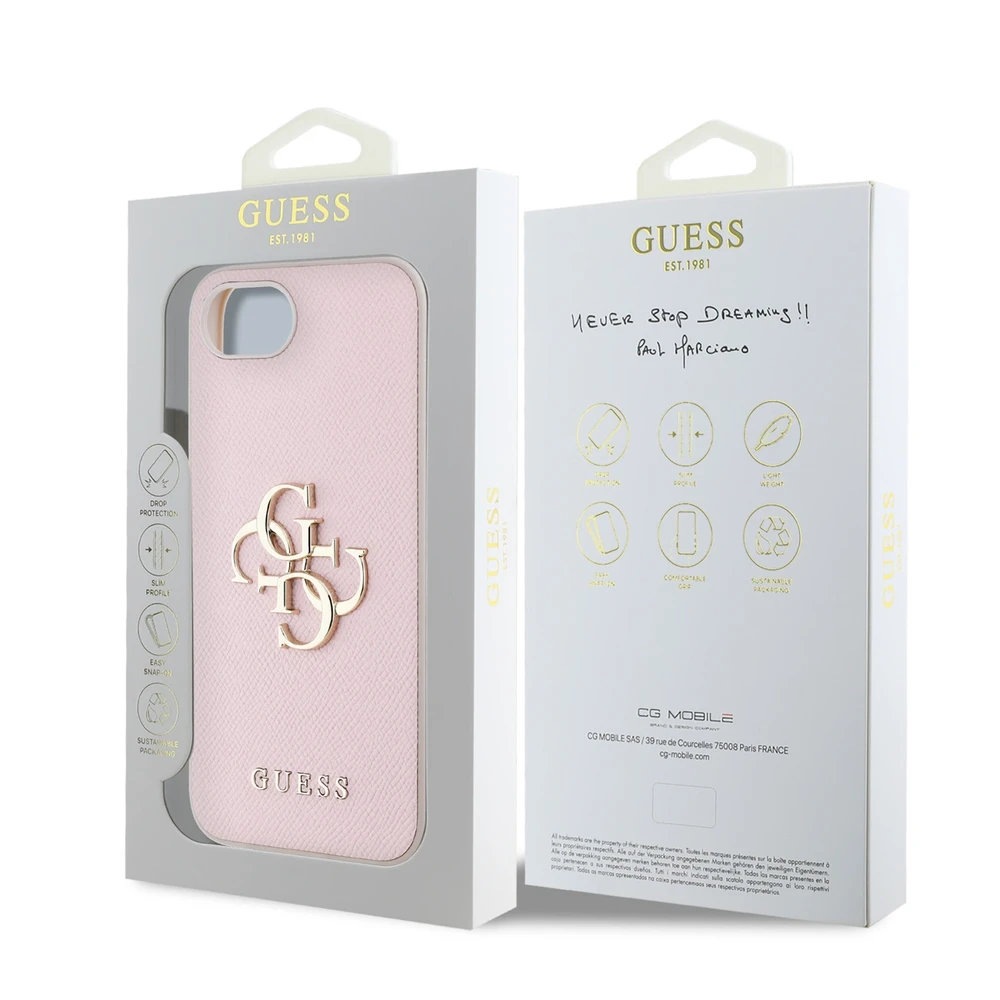 Guess PU Grained 4G Metal Logo Apple iPhone 16e dėklas telefonui rožinės spalvos