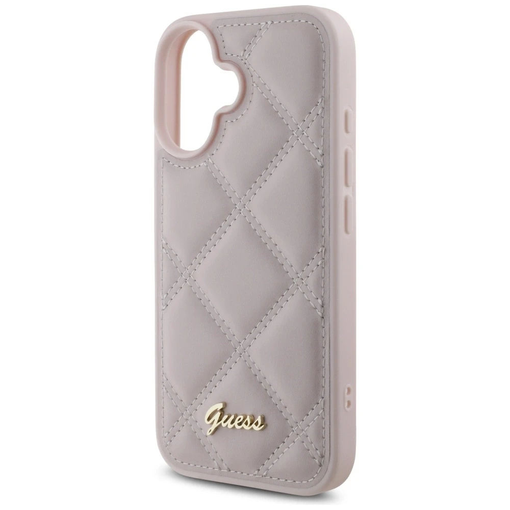 Guess GUHCP16SPSQSQSP Apple iPhone 16 6.1″ rožinės spalvos kietas dėklas Quiled Metal Logo