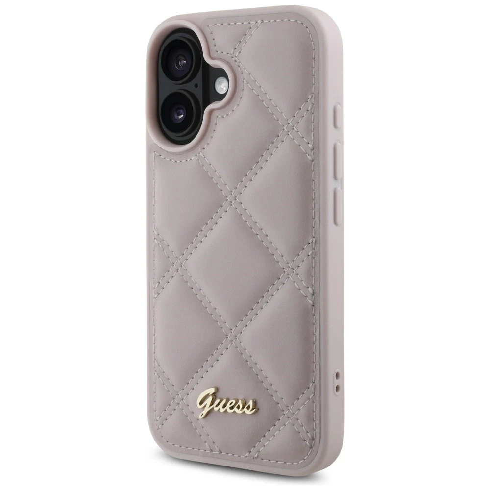 Guess GUHCP16SPSQSQSP Apple iPhone 16 6.1″ rožinės spalvos kietas dėklas Quiled Metal Logo