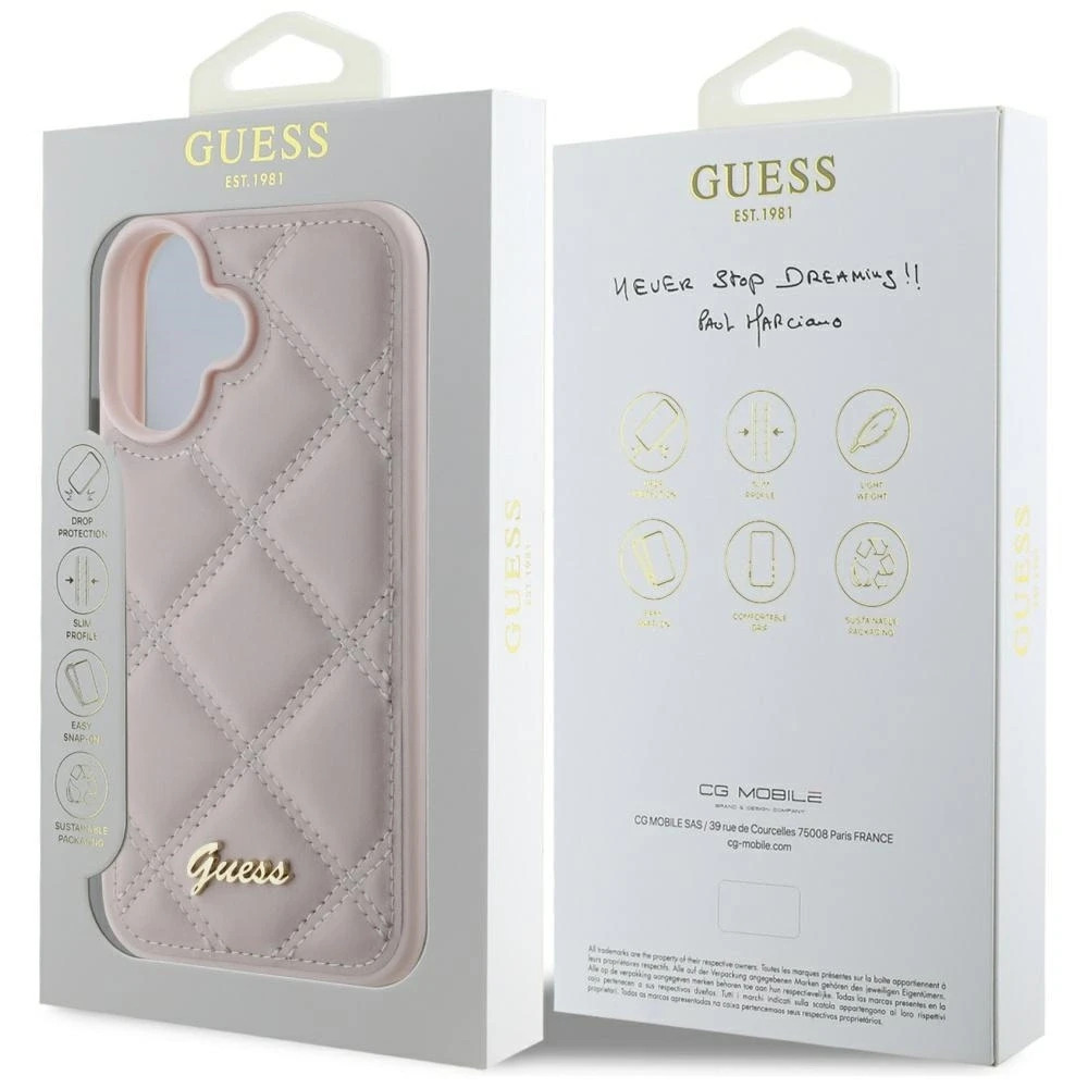 Guess GUHCP16SPSQSQSP Apple iPhone 16 6.1″ rožinės spalvos kietas dėklas Quiled Metal Logo