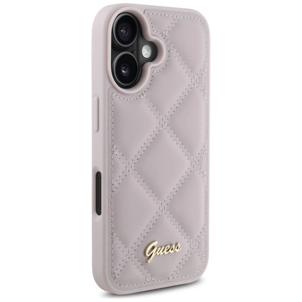 Guess GUHCP16SPSQSQSP Apple iPhone 16 6.1″ rožinės spalvos kietas dėklas Quiled Metal Logo