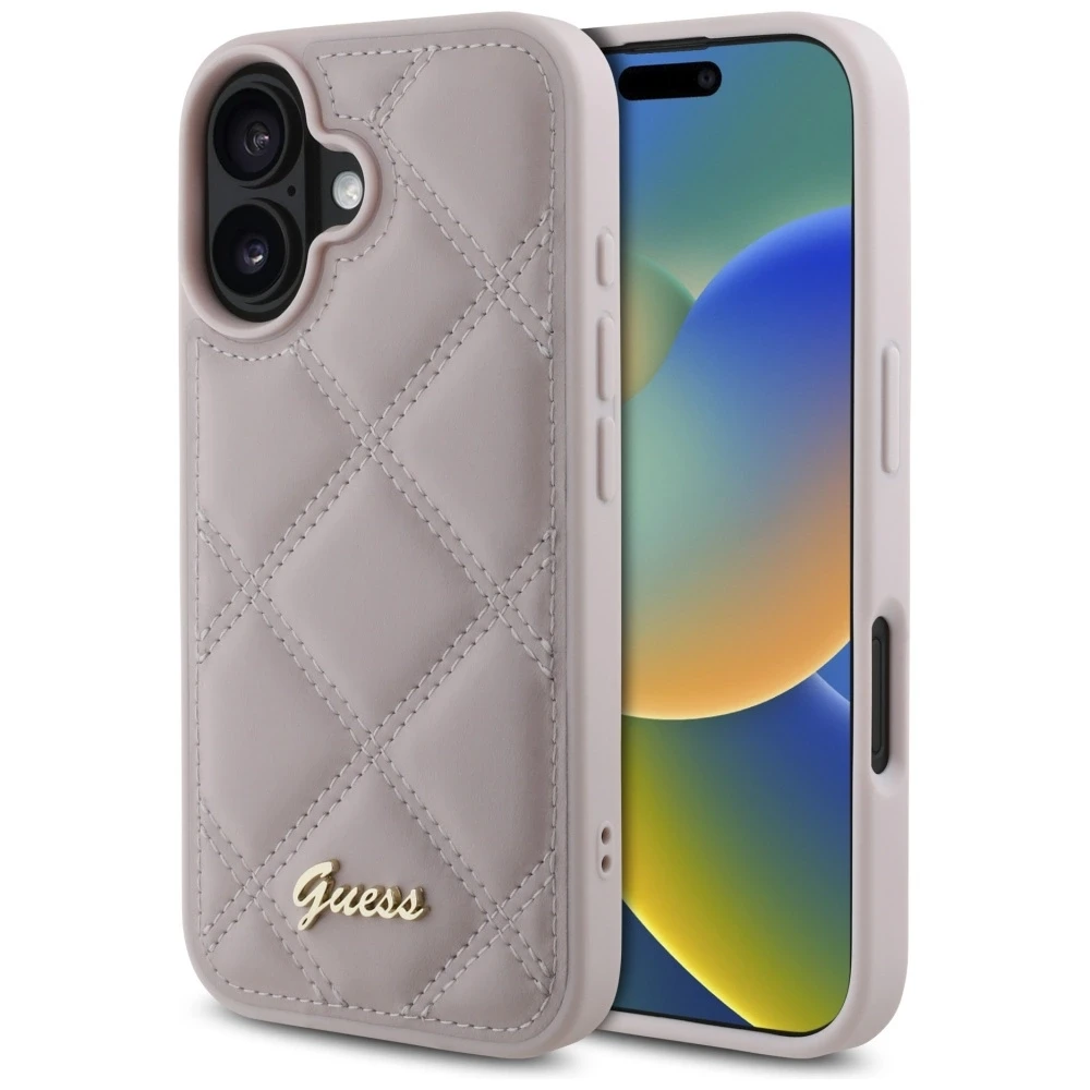 Guess GUHCP16SPSQSQSP Apple iPhone 16 6.1″ rožinės spalvos kietas dėklas Quiled Metal Logo