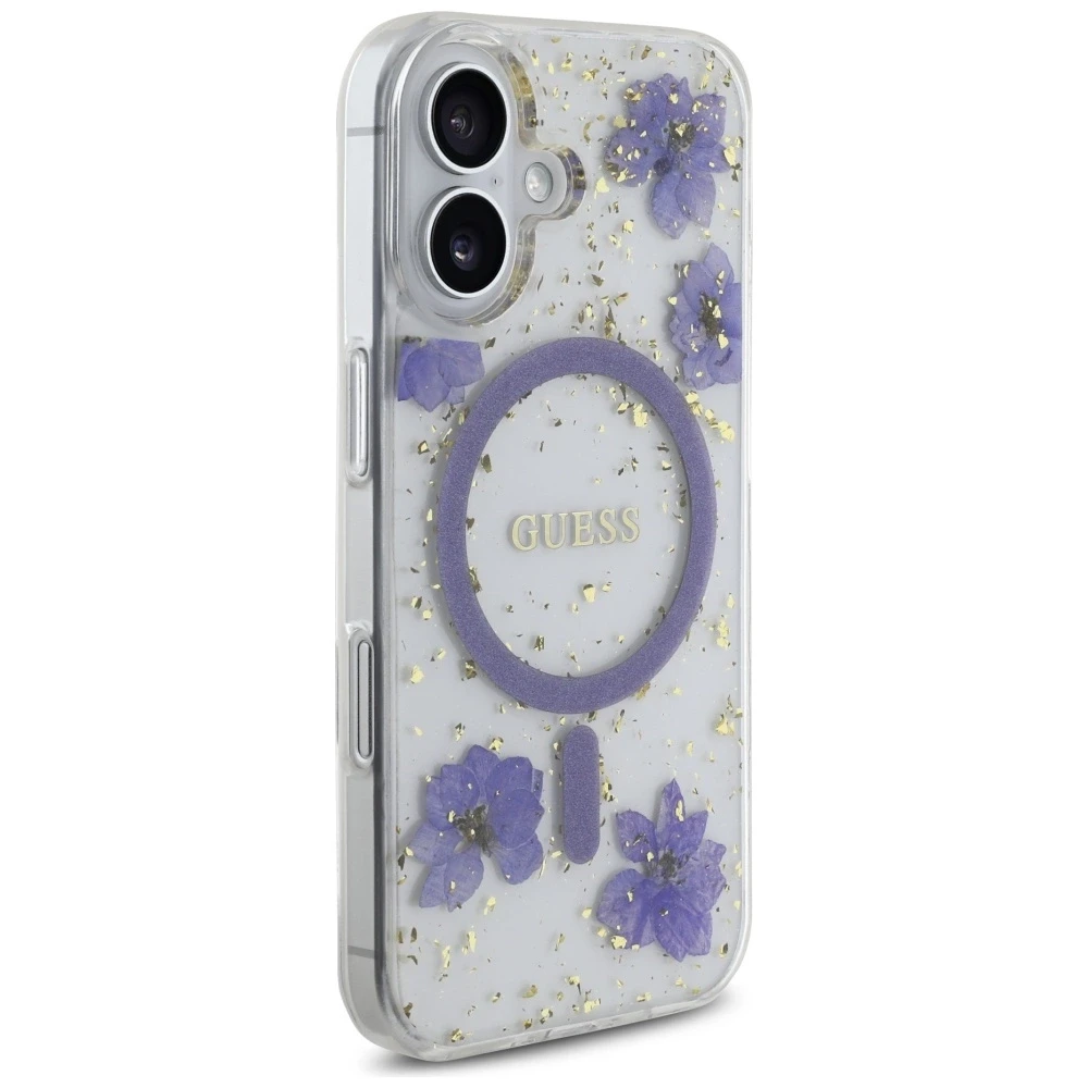 Guess Resin Flowers Glitter MagSafe dėklas iPhone 16 - violetinė