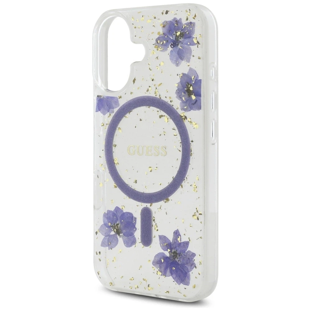 Guess Resin Flowers Glitter MagSafe dėklas iPhone 16 - violetinė