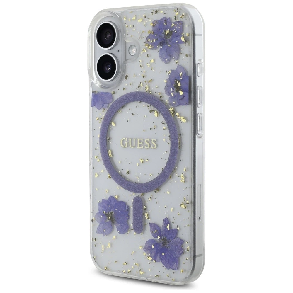 Guess Resin Flowers Glitter MagSafe dėklas iPhone 16 - violetinė