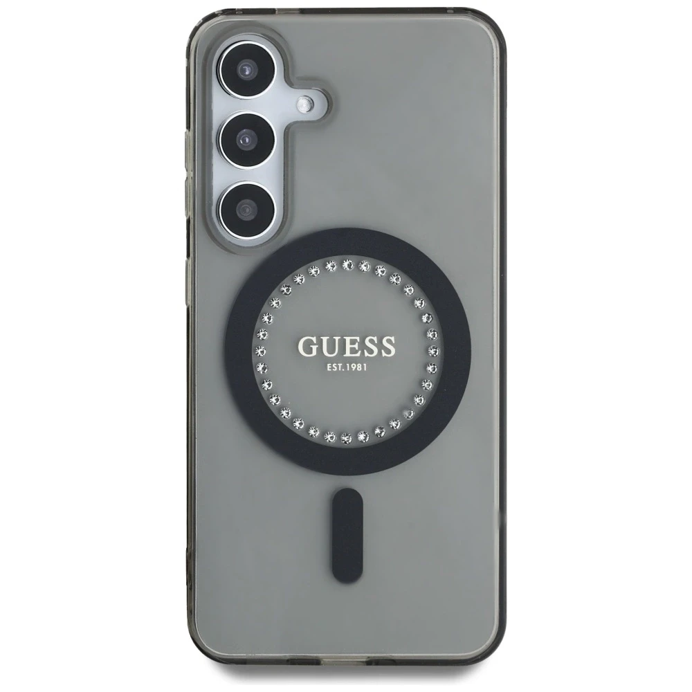 Dėklas Guess Rhinestones Printed Classic Logo MagSafe Samsung Galaxy S25 juodos spalvos
