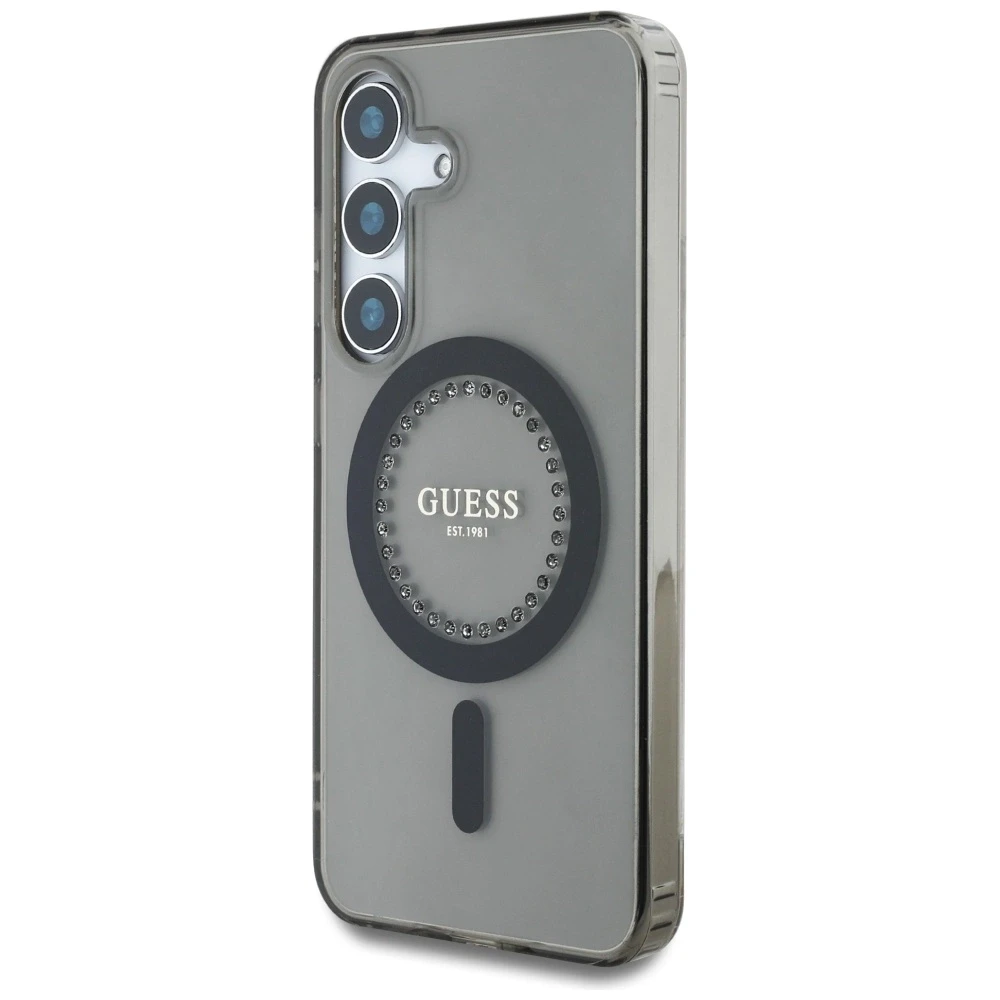 Dėklas Guess Rhinestones Printed Classic Logo MagSafe Samsung Galaxy S25 juodos spalvos