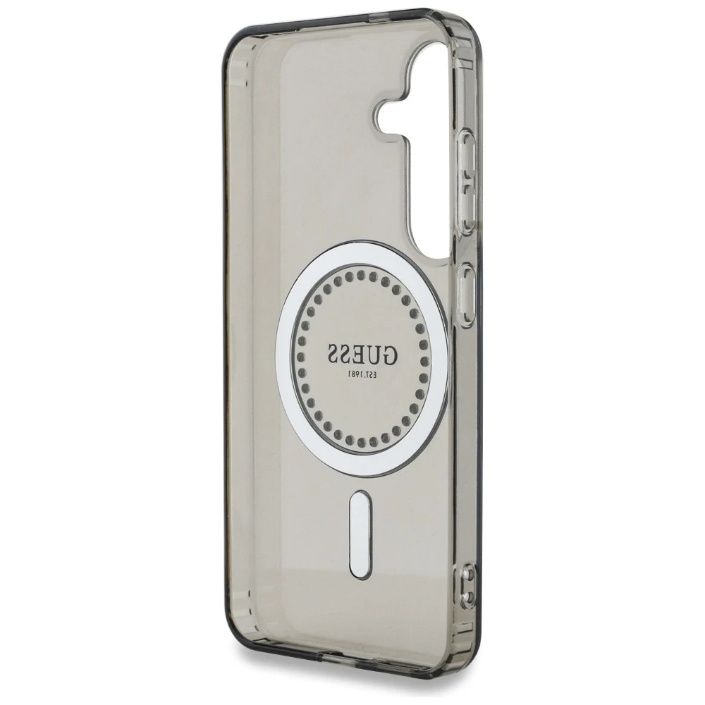 Dėklas Guess Rhinestones Printed Classic Logo MagSafe Samsung Galaxy S25 juodos spalvos