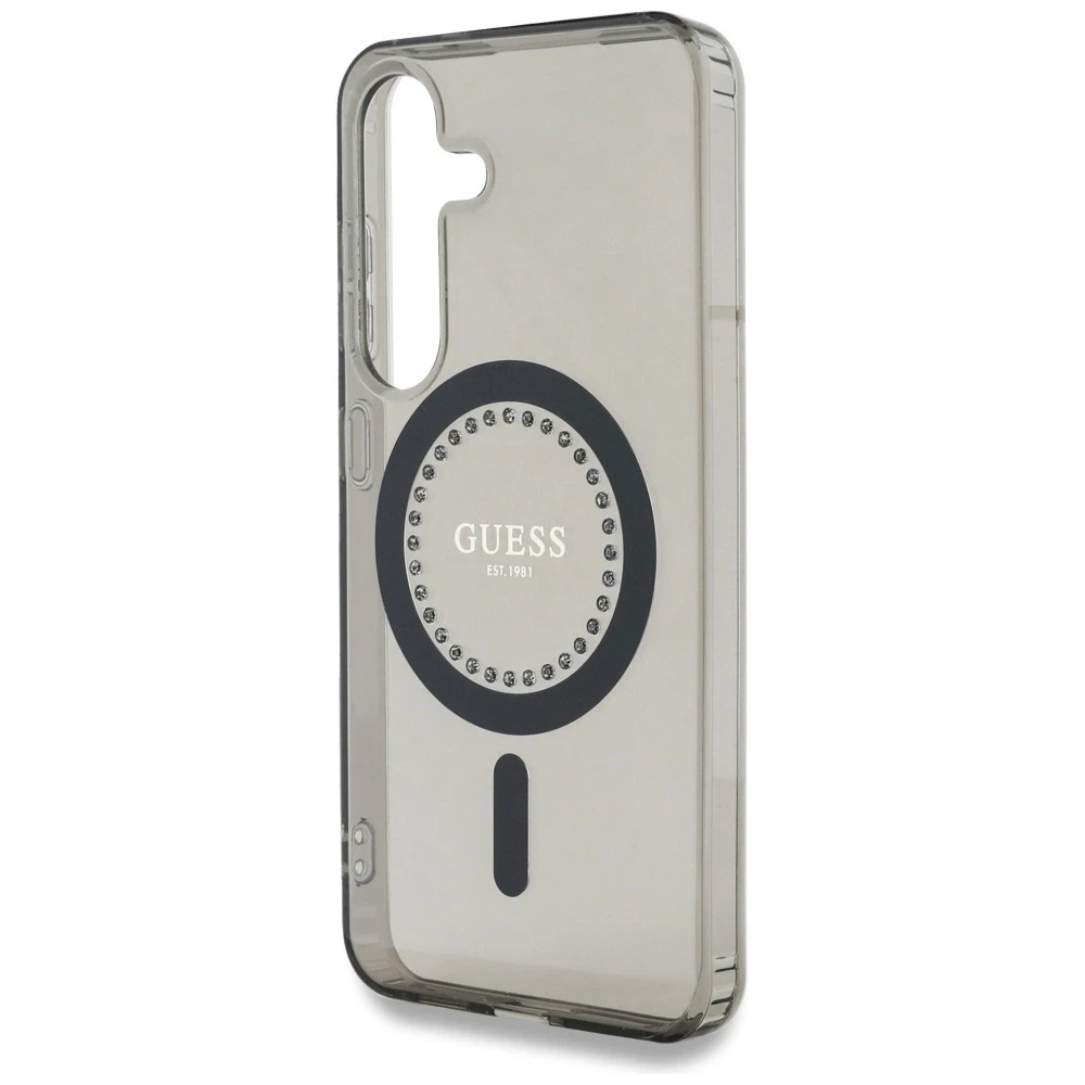 Dėklas Guess Rhinestones Printed Classic Logo MagSafe Samsung Galaxy S25 juodos spalvos