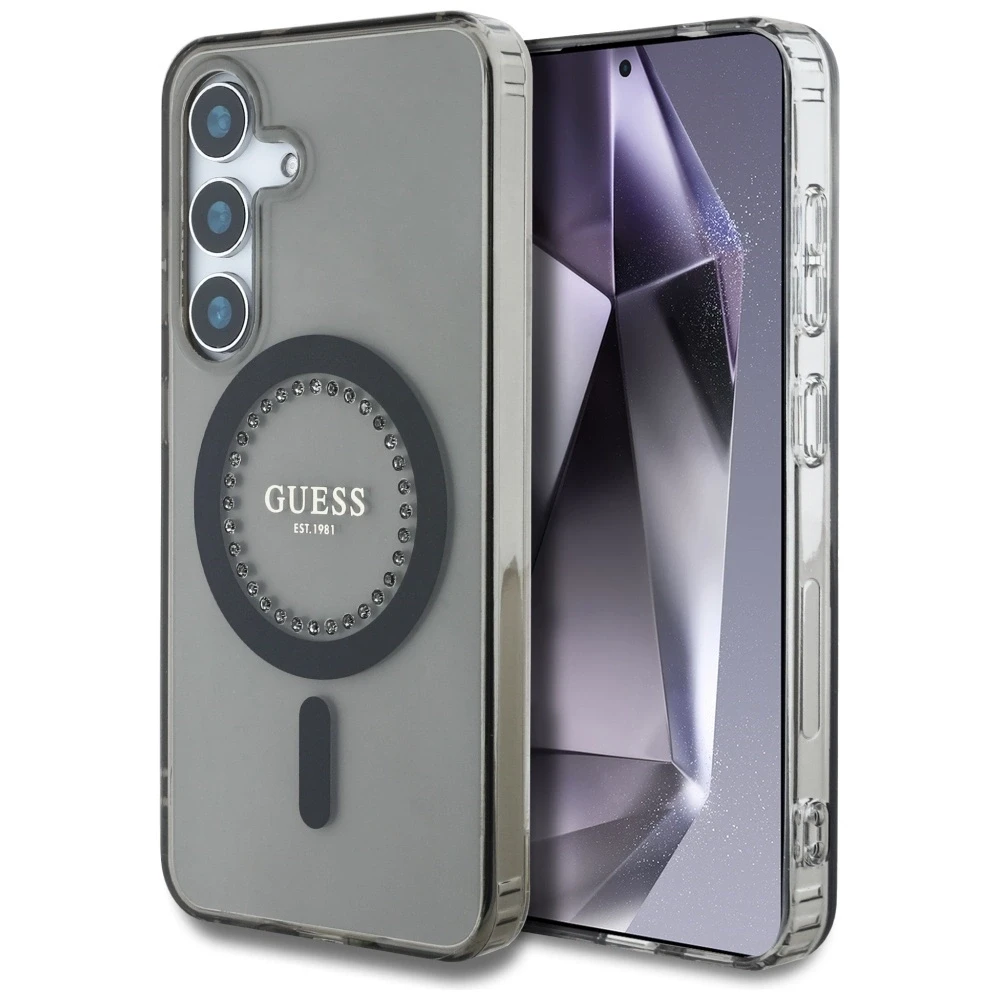 Dėklas Guess Rhinestones Printed Classic Logo MagSafe Samsung Galaxy S25 juodos spalvos