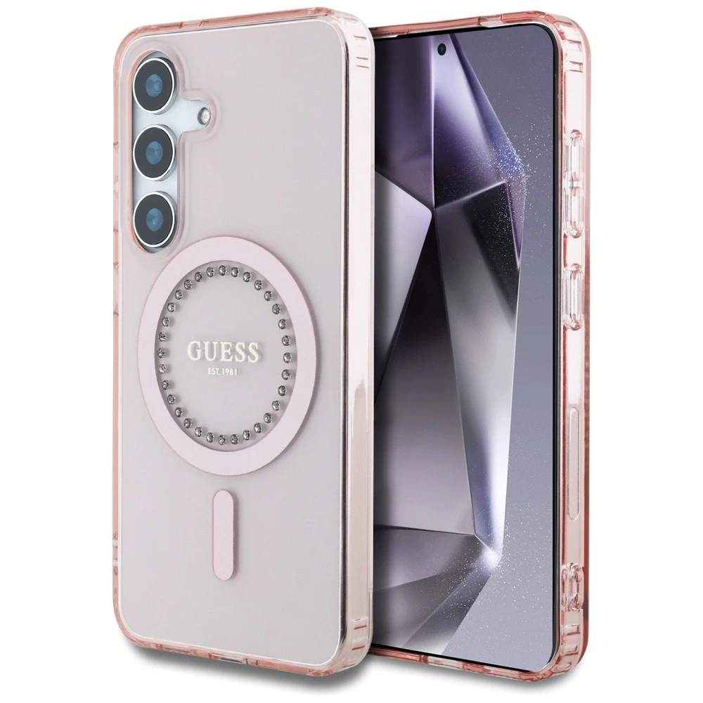 Dėklas Guess Rhinestones Printed Classic Logo MagSafe Samsung Galaxy S25 rožinės spalvos