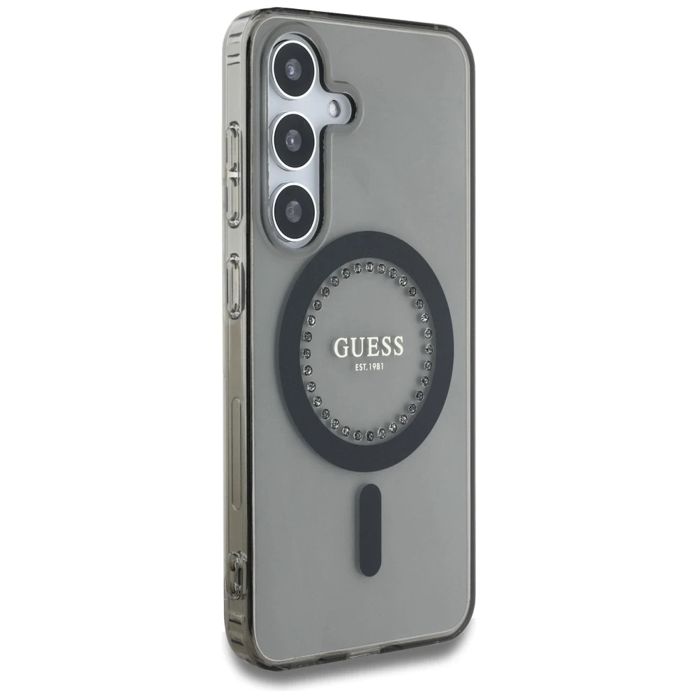 Dėklas Guess Rhinestones Printed Classic Logo MagSafe Samsung Galaxy S25 juodos spalvos