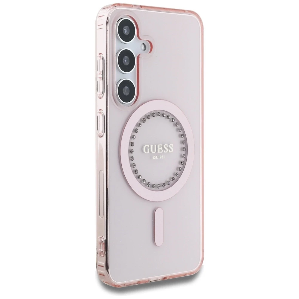 Dėklas Guess Rhinestones Printed Classic Logo MagSafe Samsung Galaxy S25 rožinės spalvos