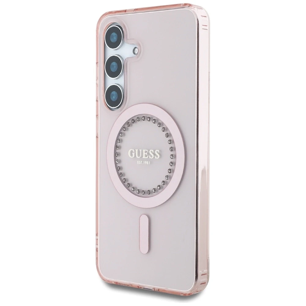 Dėklas Guess Rhinestones Printed Classic Logo MagSafe Samsung Galaxy S25 rožinės spalvos