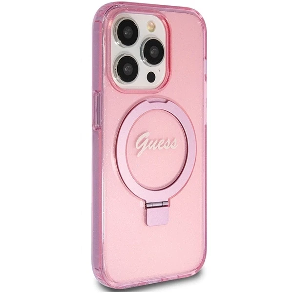 Apple iPhone 15 Pro Guess dėklas Ring Stand Script Glitter MagSafe (GUHMP15LHRSGSP) rožinės spalvos