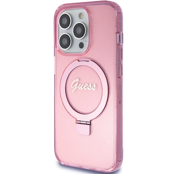 Apple iPhone 15 Pro Guess dėklas Ring Stand Script Glitter MagSafe (GUHMP15LHRSGSP) rožinės spalvos