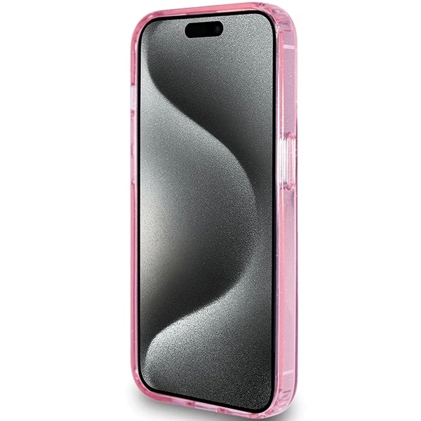 Apple iPhone 15 Pro Guess dėklas Ring Stand Script Glitter MagSafe (GUHMP15LHRSGSP) rožinės spalvos
