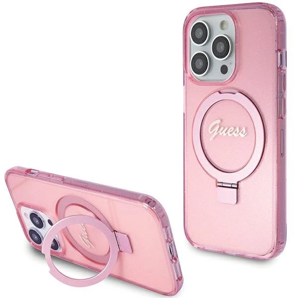 Apple iPhone 15 Pro Guess dėklas Ring Stand Script Glitter MagSafe (GUHMP15LHRSGSP) rožinės spalvos