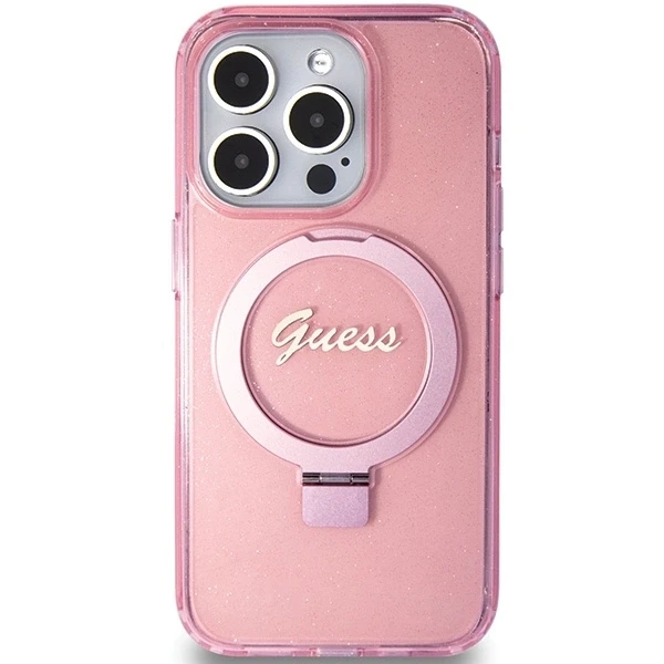 Apple iPhone 15 Pro Guess dėklas Ring Stand Script Glitter MagSafe (GUHMP15LHRSGSP) rožinės spalvos