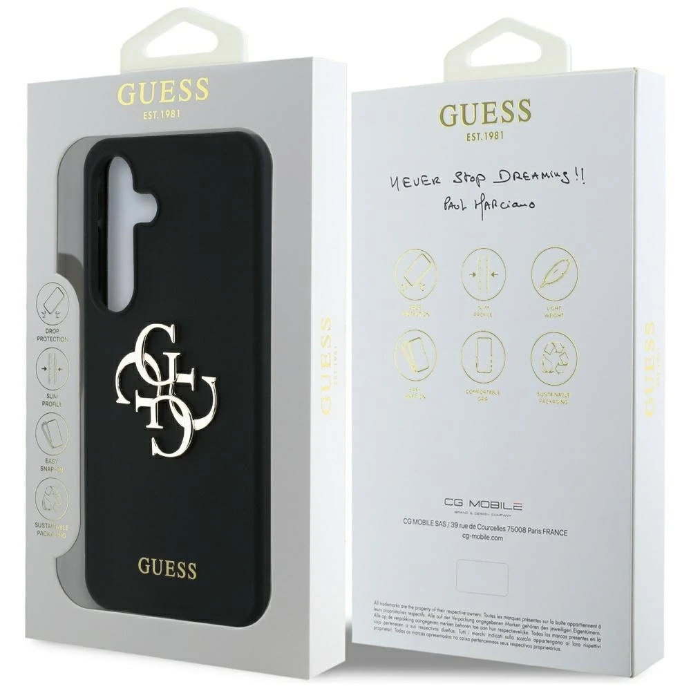 Dėklas Guess Silicone Big 4G Logo Bottom Script Samsung Galaxy S25 juodos spalvos