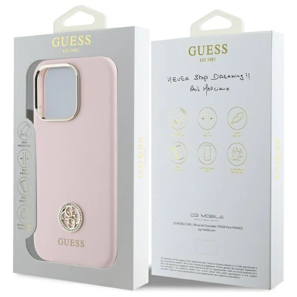 Guess GUHCP16LM4DGPP Apple iPhone 16 Pro 6.3" dėklas telefonui rožinės spalvos Silikoninis Logo Strass 4G