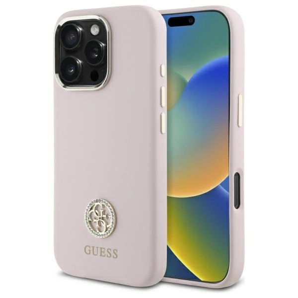 Guess GUHCP16LM4DGPP Apple iPhone 16 Pro 6.3" dėklas telefonui rožinės spalvos Silikoninis Logo Strass 4G