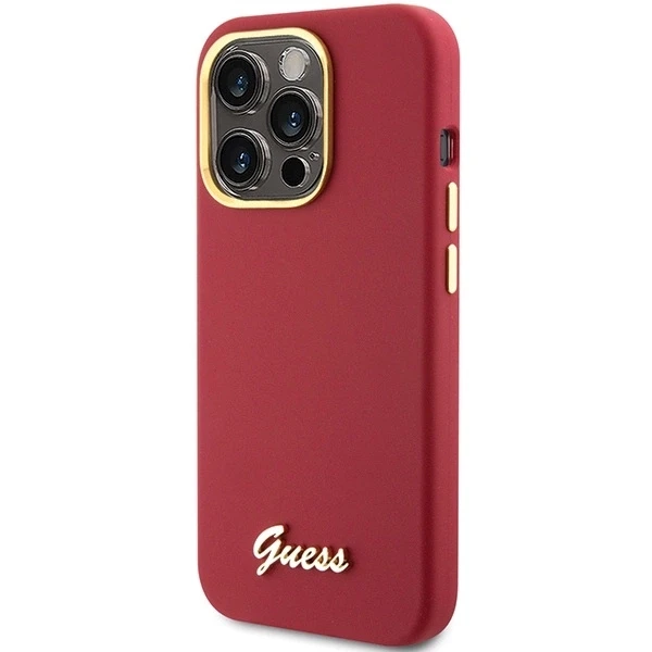 Apple iPhone 15 Pro Guess dėklas Silicone Script Metal Logo & Frame (GUHCP15LSMBSLM) raudonos spalvos