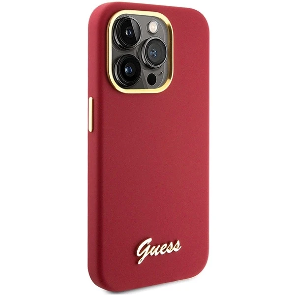 Apple iPhone 15 Pro Guess dėklas Silicone Script Metal Logo & Frame (GUHCP15LSMBSLM) raudonos spalvos