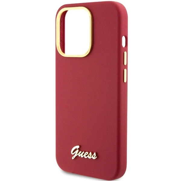 Apple iPhone 15 Pro Guess dėklas Silicone Script Metal Logo & Frame (GUHCP15LSMBSLM) raudonos spalvos