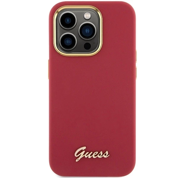 Apple iPhone 15 Pro Guess dėklas Silicone Script Metal Logo & Frame (GUHCP15LSMBSLM) raudonos spalvos