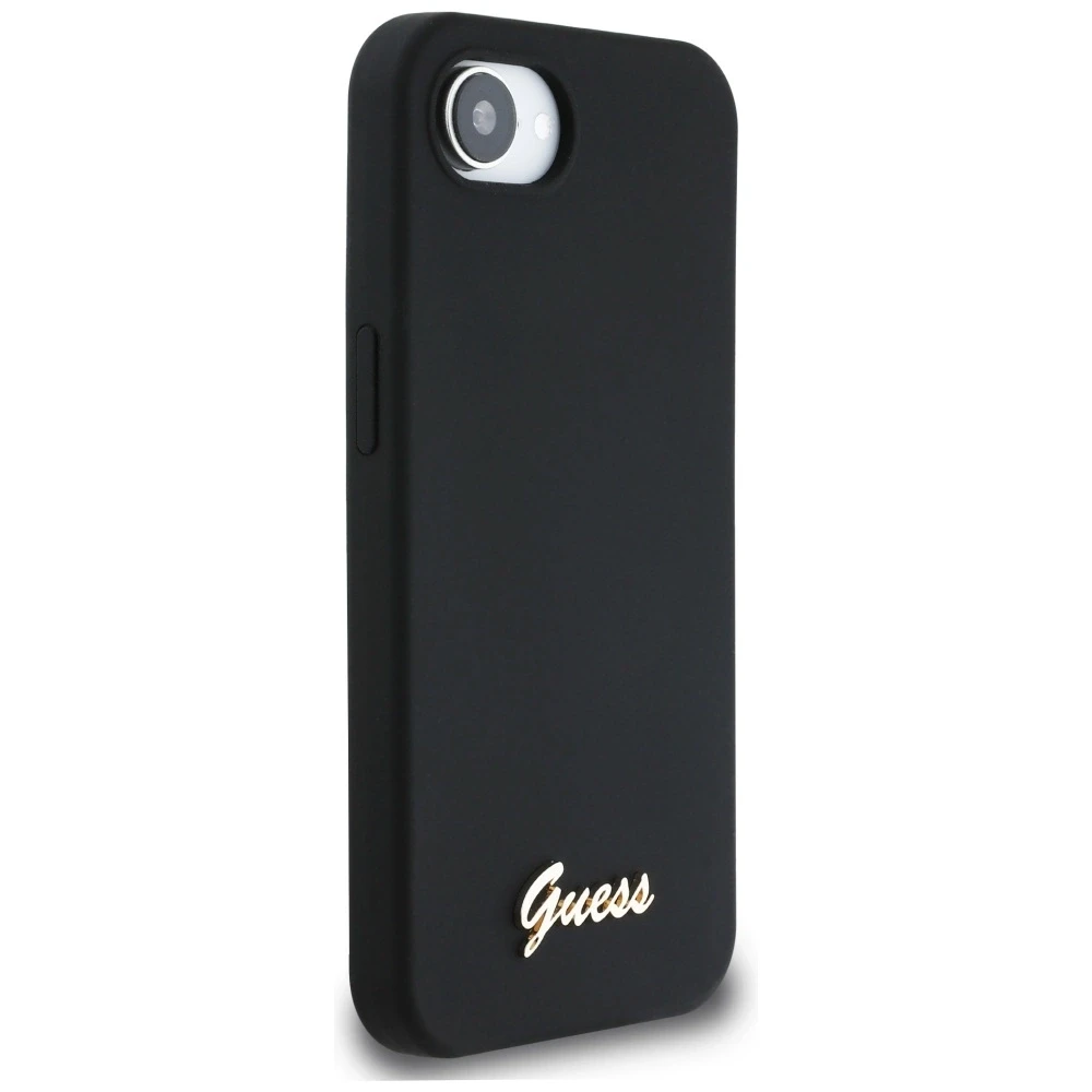 Dėklas Guess Silicone Script Metal Logo MagSafe iPhone 16e Case - Juodas