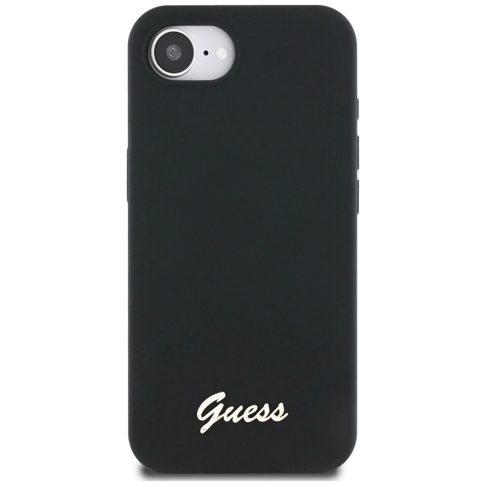 Dėklas Guess Silicone Script Metal Logo MagSafe iPhone 16e Case - Juodas