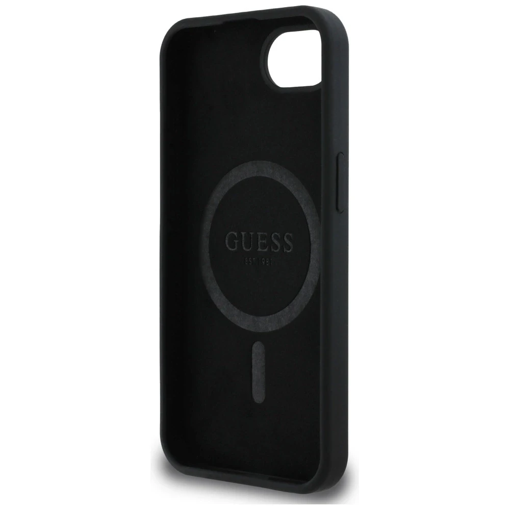 Dėklas Guess Silicone Script Metal Logo MagSafe iPhone 16e Case - Juodas