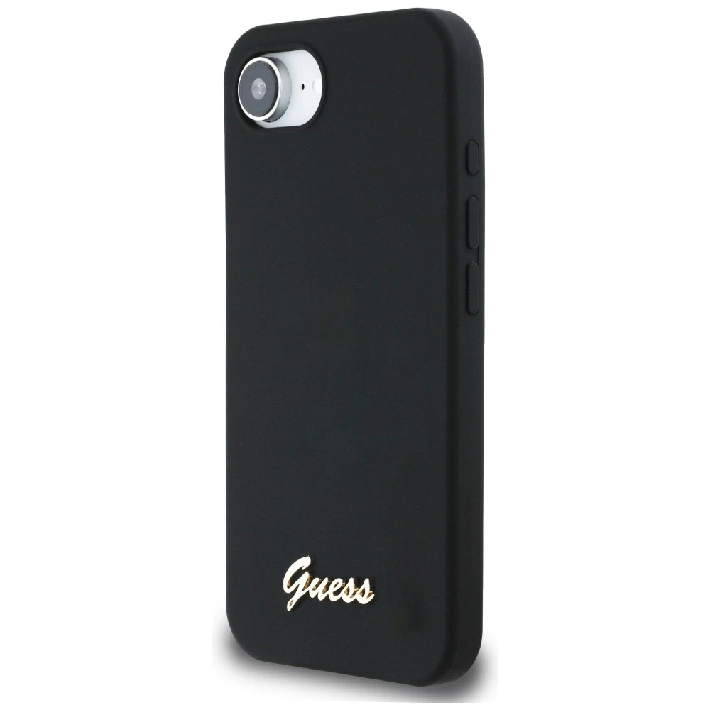 Dėklas Guess Silicone Script Metal Logo MagSafe iPhone 16e Case - Juodas