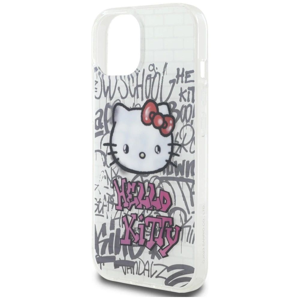 Hello Kitty HKHCP15SHDGPHT Apple iPhone 15 /14 / 13 6.1″ baltos spalvos kietas dėklas IML Kitty On Bricks Graffiti