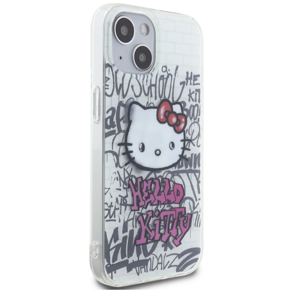 Hello Kitty HKHCP15SHDGPHT Apple iPhone 15 /14 / 13 6.1″ baltos spalvos kietas dėklas IML Kitty On Bricks Graffiti
