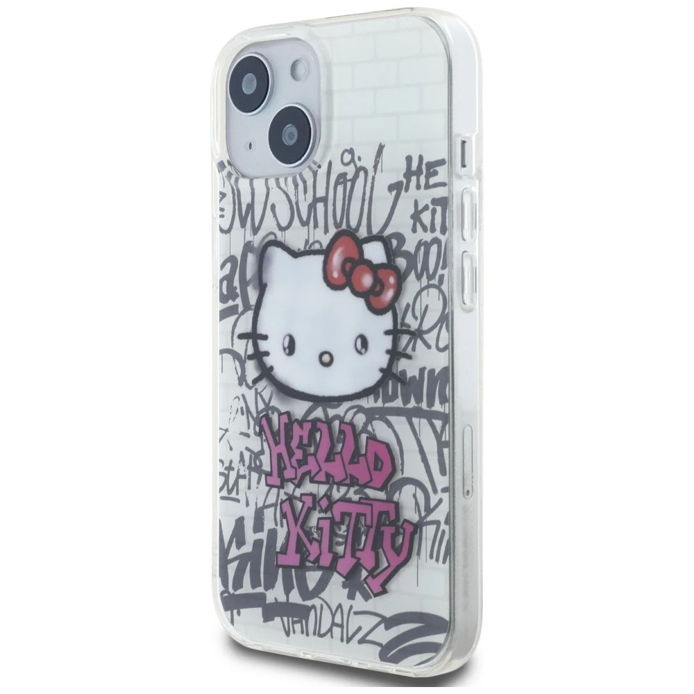Hello Kitty HKHCP15SHDGPHT Apple iPhone 15 /14 / 13 6.1″ baltos spalvos kietas dėklas IML Kitty On Bricks Graffiti