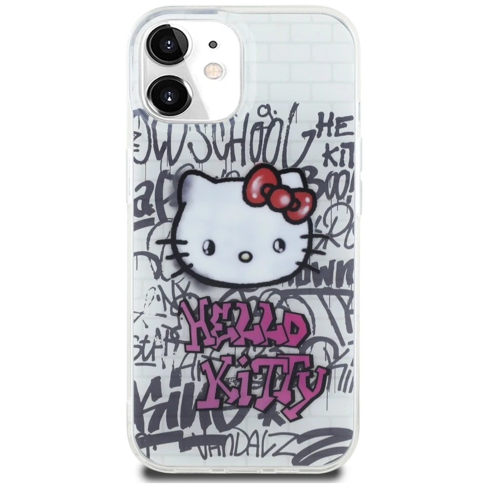 Hello Kitty HKHCP15SHDGPHT Apple iPhone 15 /14 / 13 6.1″ baltos spalvos kietas dėklas IML Kitty On Bricks Graffiti