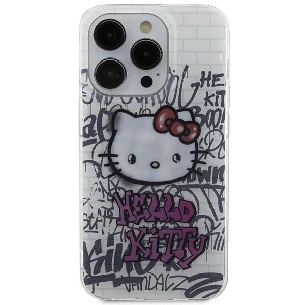 Hello Kitty HKHCP13LHDGPHT Apple iPhone 13 Pro/ 13 6.1″ baltos spalvos kietas dėklas IML Kitty On Bricks Graffiti