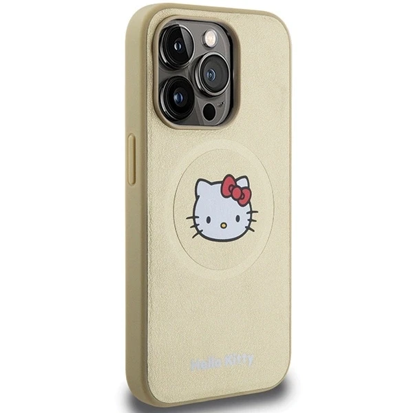 Hello Kitty HKHMP13XPGHCKD Apple iPhone 13 Pro Max 6.7″ Gold kietas dėklas Leather Kitty Head MagSafe