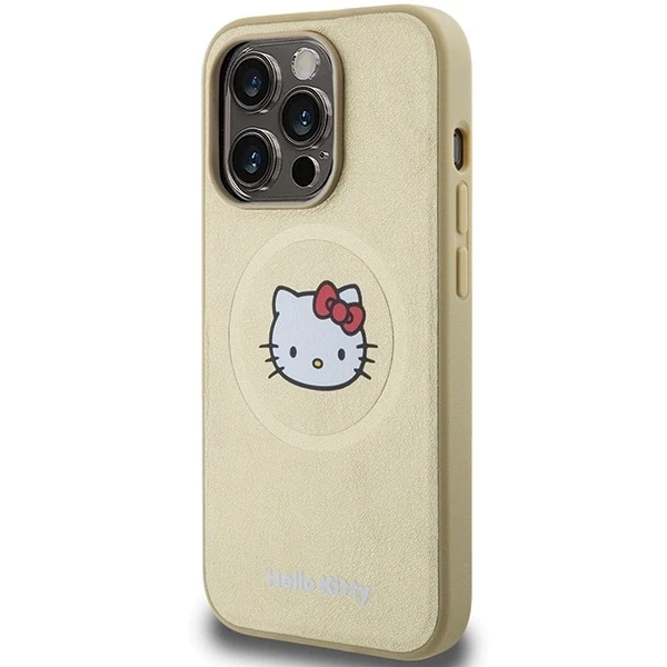 Hello Kitty HKHMP13XPGHCKD Apple iPhone 13 Pro Max 6.7″ Gold kietas dėklas Leather Kitty Head MagSafe
