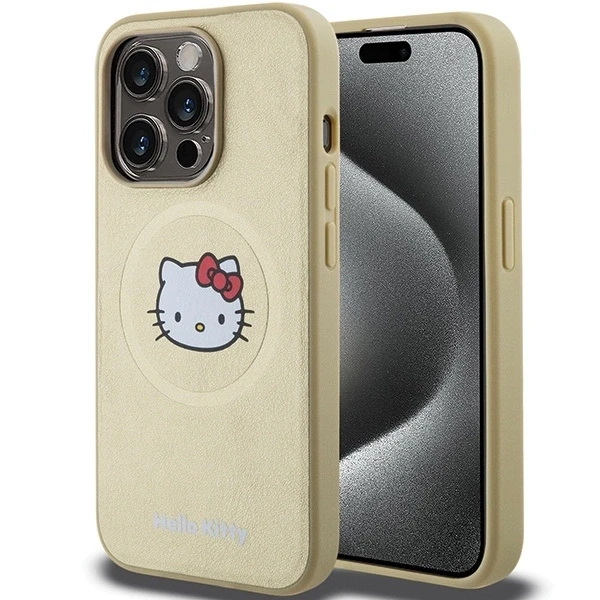 Hello Kitty HKHMP13XPGHCKD Apple iPhone 13 Pro Max 6.7″ Gold kietas dėklas Leather Kitty Head MagSafe